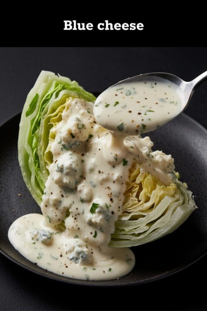 Thick, creamy blue cheese dressing drizzled generously over a crisp iceberg wedge salad. Text overlay reads: Blue cheese.