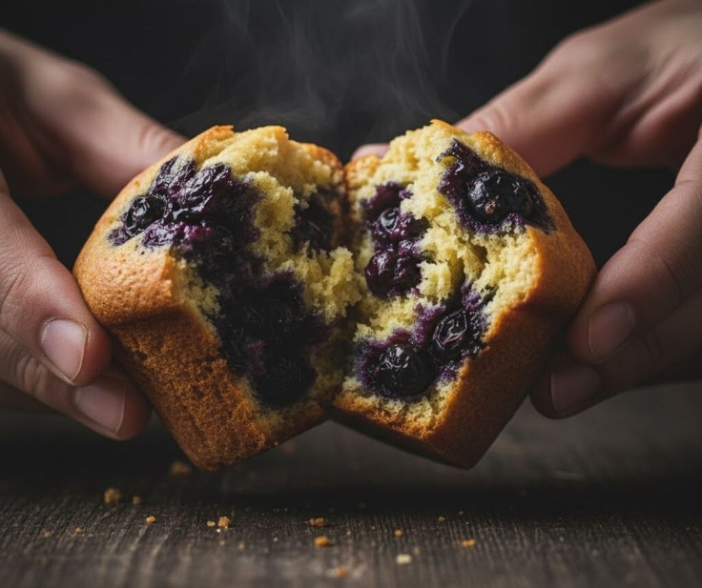 Extreme close-up of a blueberry muffin torn open, showing the moist crumb and baked fresh blueberries.