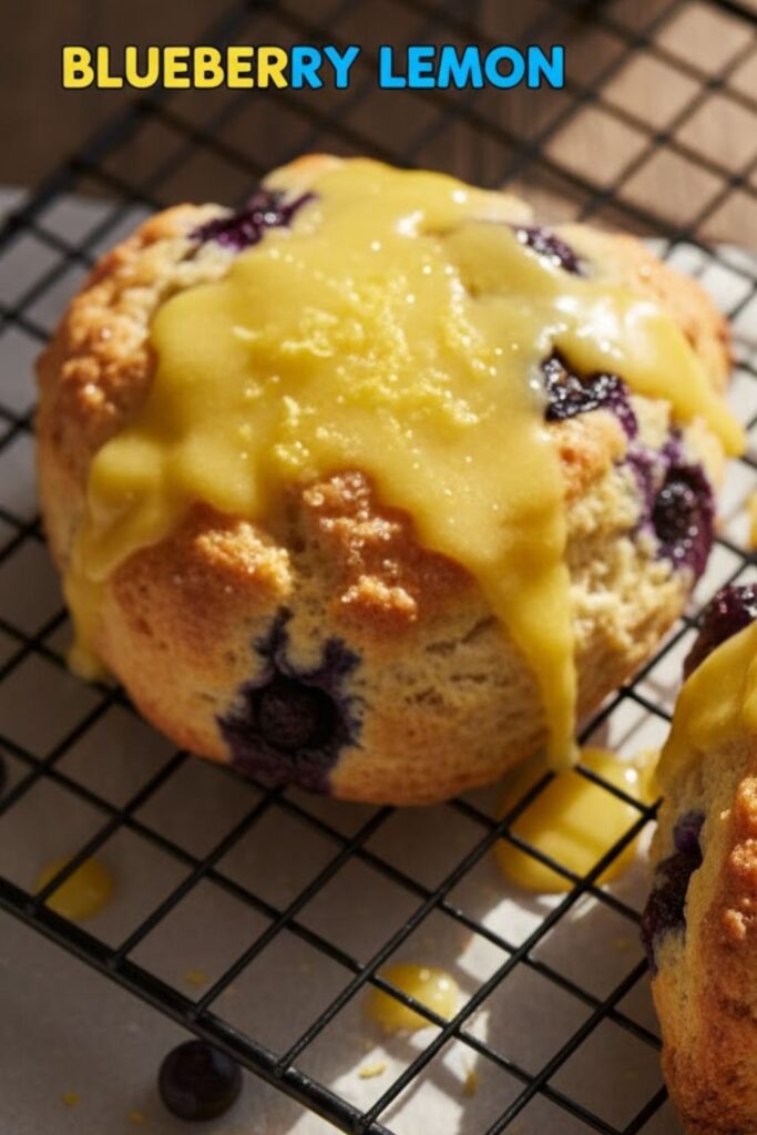A close-up, vibrant overhead photo of perfectly glazed blueberry lemon scones on a wire rack, with the bold text overlay: BLUEBERRY LEMON.