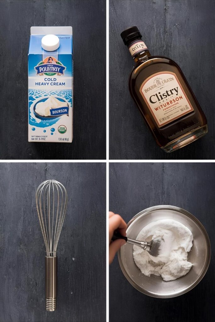 A flat-lay collage featuring a cold carton of heavy cream, powdered sugar, a bottle of bourbon, and a chilled stainless steel mixing bowl and whisk, arranged neatly on a dark, rustic wood surface.