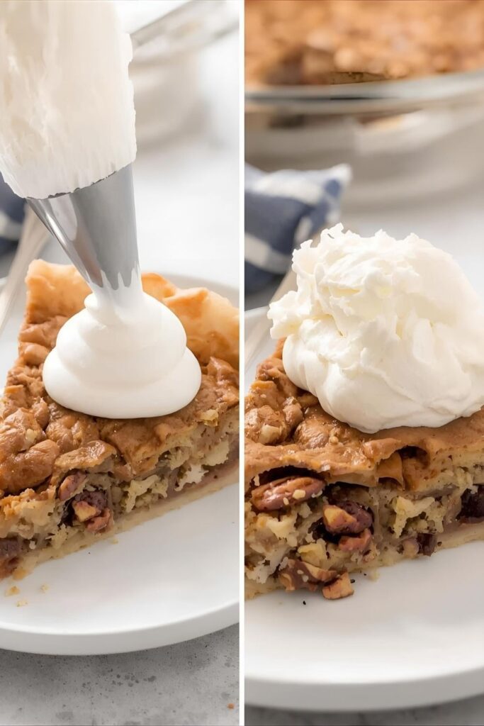 A dual image featuring two servings: On the left, the Boozy whipped cream piped neatly onto a slice of pecan pie. On the right, a close-up scoop of the cream used as frosting on a piece of cookie monster cake.