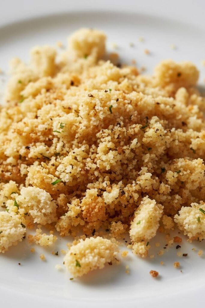 An extreme close-up macro photograph showing the crisp, coarse, golden-brown texture of the final herb and garlic breadcrumb topping.