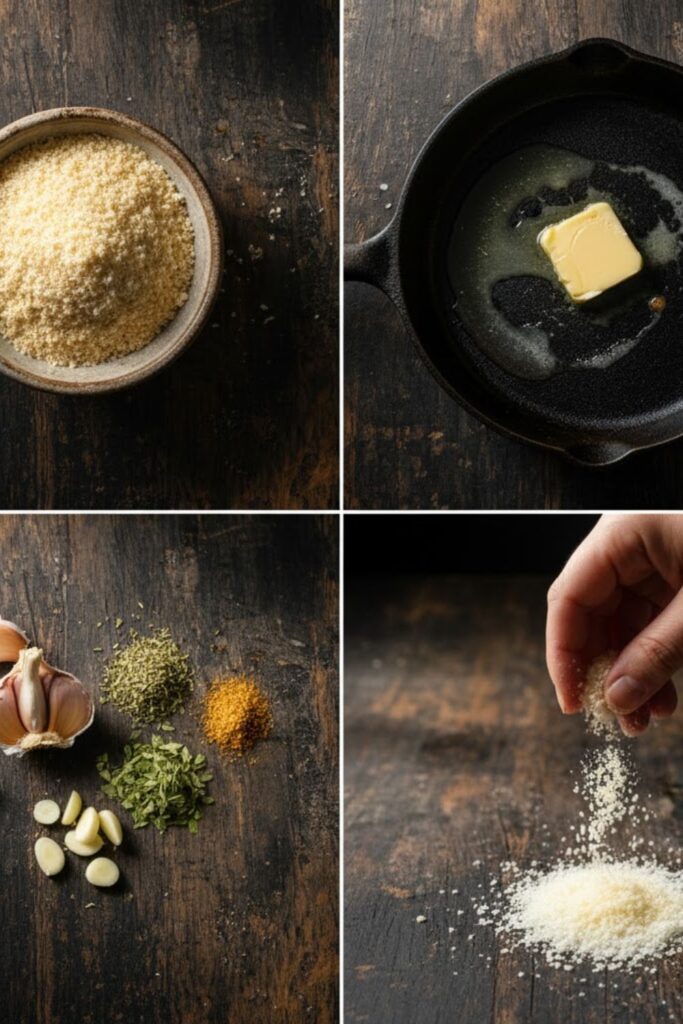 A rustic collage image showing the raw ingredients: Panko breadcrumbs in a bowl, a stick of butter, fresh garlic cloves, and a small pile of grated Parmesan cheese.