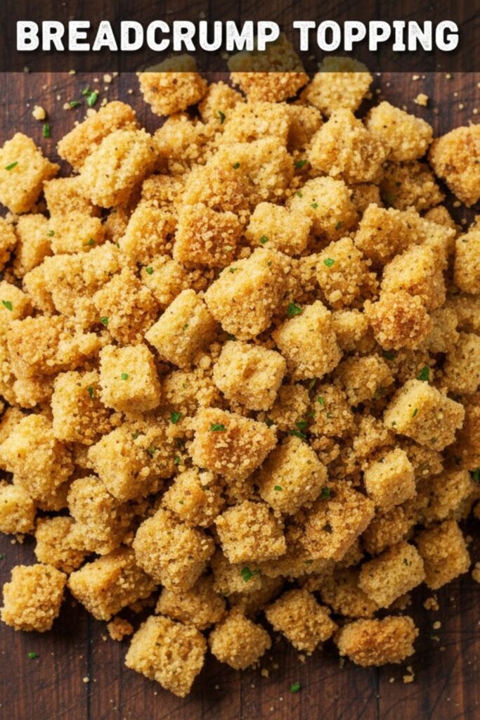 A close-up, appetizing photo of golden, buttery breadcrumb topping sprinkled over a creamy casserole, with the text overlay "BREADCRUMB TOPPING" in a bold font.