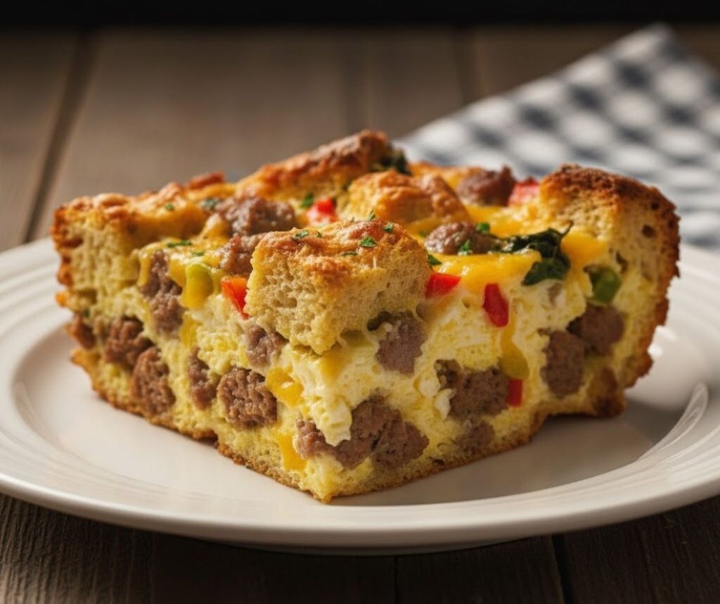 Close-up image of a slice of savory breakfast casserole showing the layered, cheesy texture.)