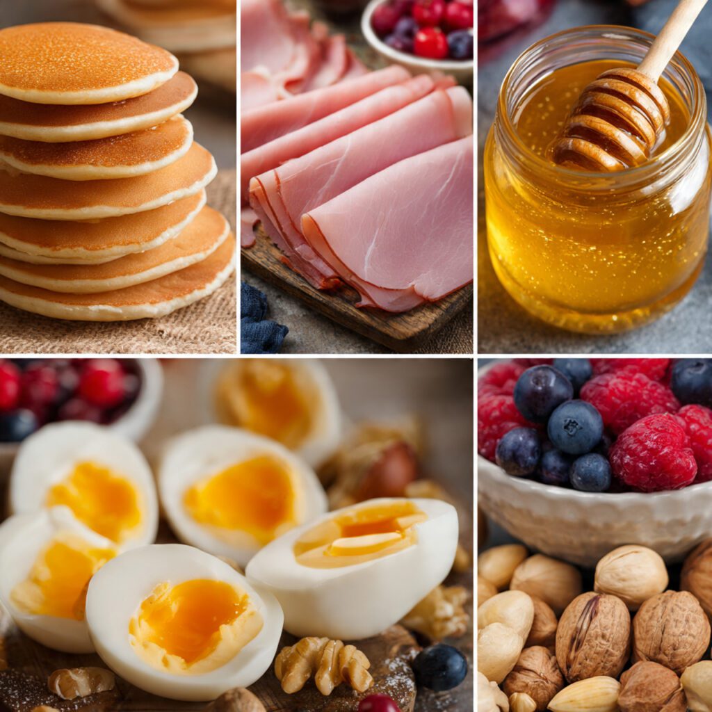 A collage showing the essential ingredients: mini pancakes, sliced ham, halved hard-boiled eggs, small bowls of berries and nuts, and a jar of honey.