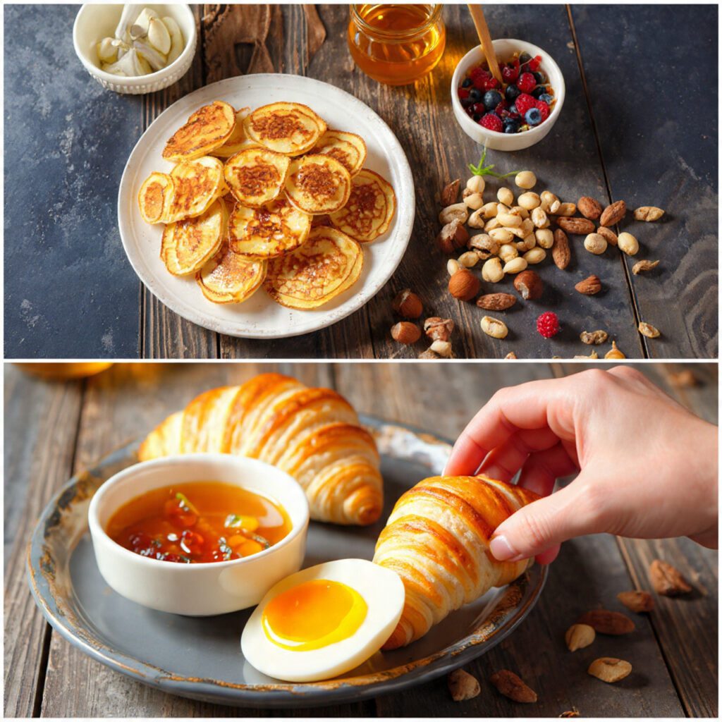 Two variations of the grazing board. One is a wide shot of the full board on a table set for brunch, and the other is an extreme close-up of a portion of the board, showing a hand picking up a piece of croissant next to a small bowl of jam.