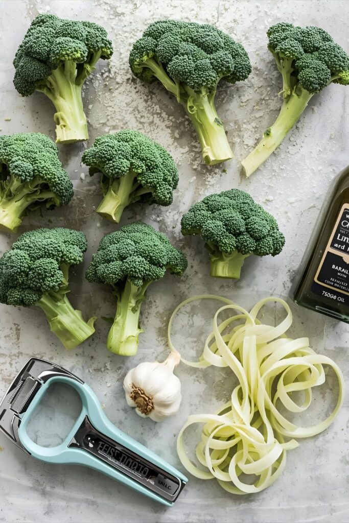 A flat-lay collage of the main ingredients for broccoli stem noodles: several whole broccoli stems (florets removed), a spiralizer, a peeler, a head of garlic, and a bottle of olive oil on a kitchen counter.