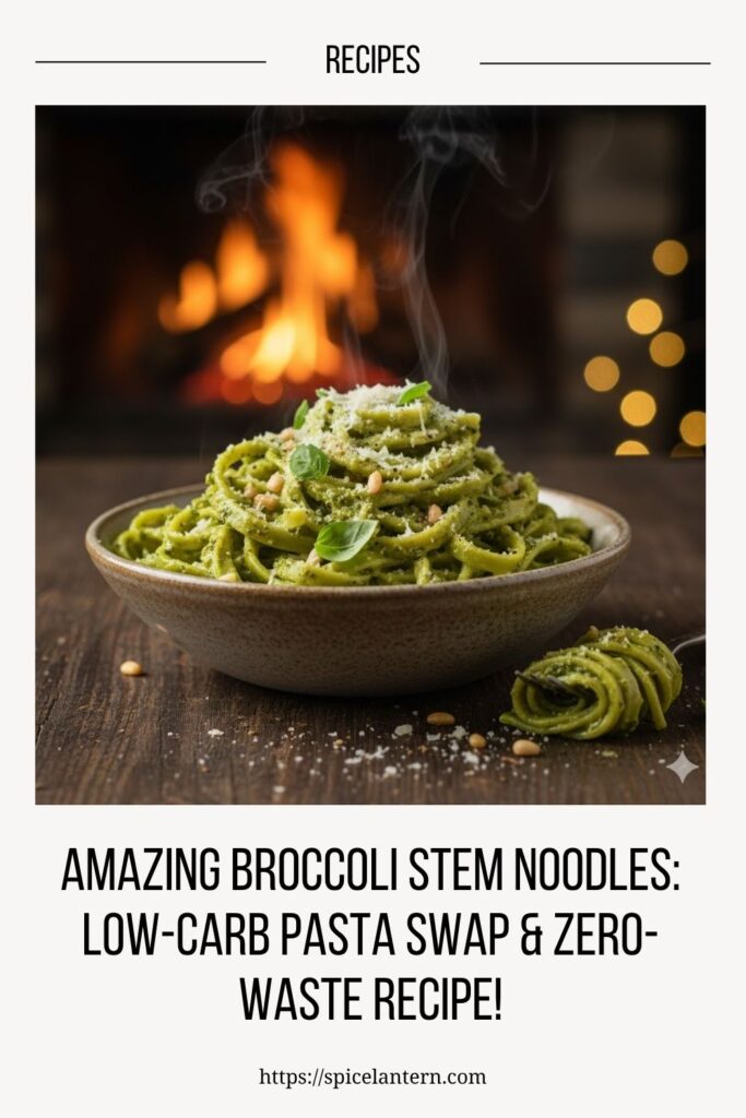 A flat-lay collage of the main ingredients for broccoli stem noodles: several whole broccoli stems (florets removed), a spiralizer, a peeler, a head of garlic, and a bottle of olive oil on a kitchen counter.