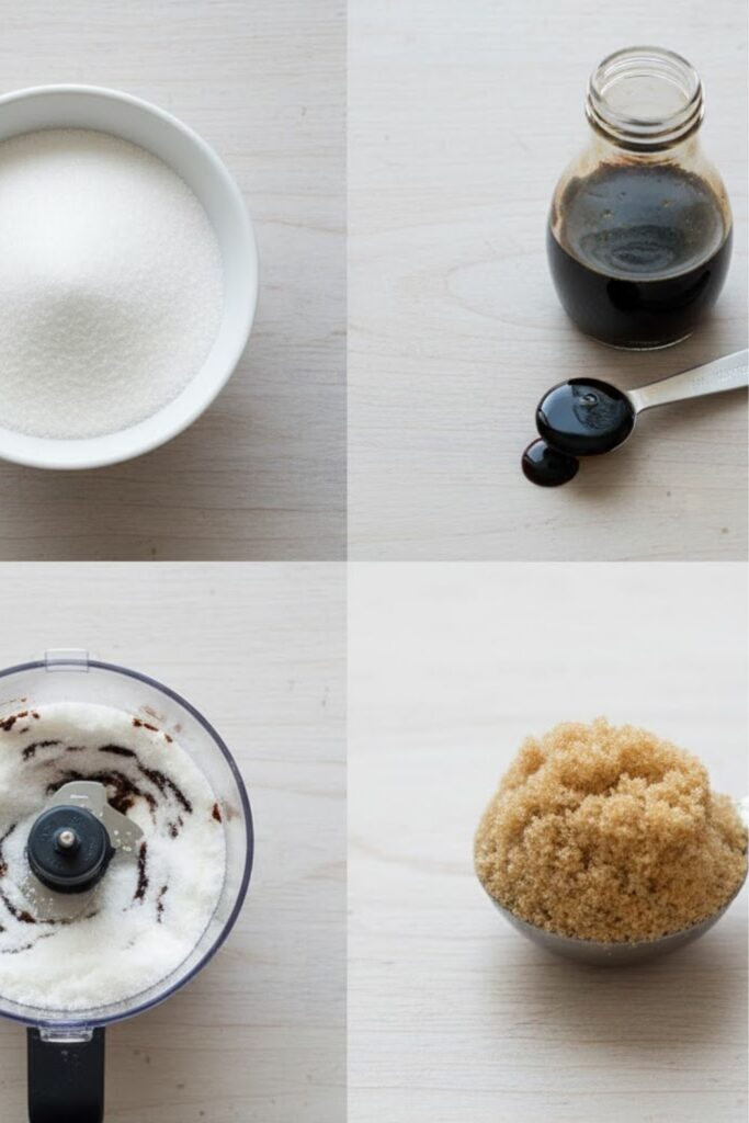 A flat-lay collage featuring a bowl of granulated white sugar, a bottle of molasses, a small measuring spoon with molasses, and a mini food processor, all on a light wooden background.