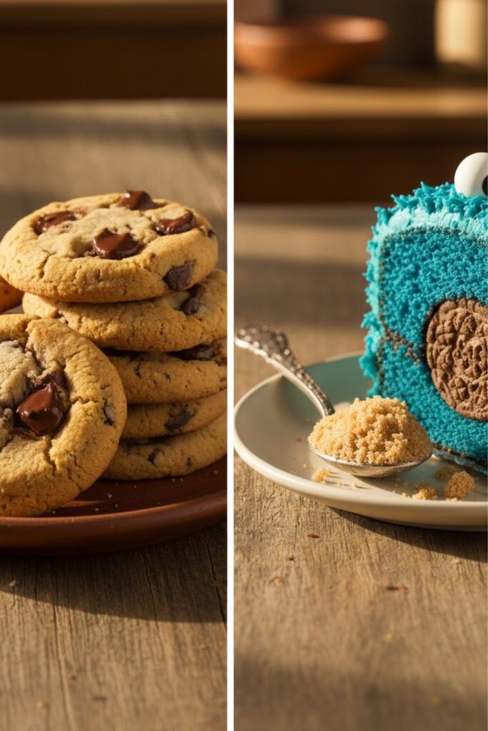 A side-by-side image: On the left, a plate of warm, freshly baked chocolate chip cookies, made with homemade Brown sugar. On the right, a close-up of a spoonful of soft, homemade Brown sugar next to a slice of vibrant blue cookie monster cake.
