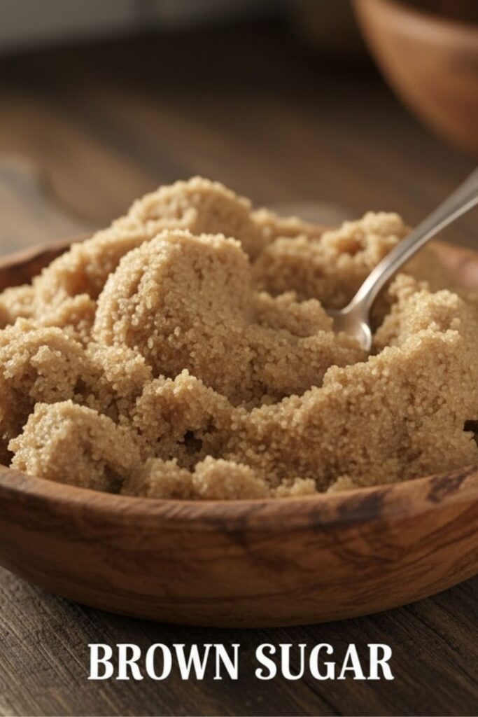 A close-up shot of freshly made, fluffy Brown sugar piled in a rustic wooden bowl, with a small spoon sinking into its soft texture. The text overlay reads: BROWN SUGAR.