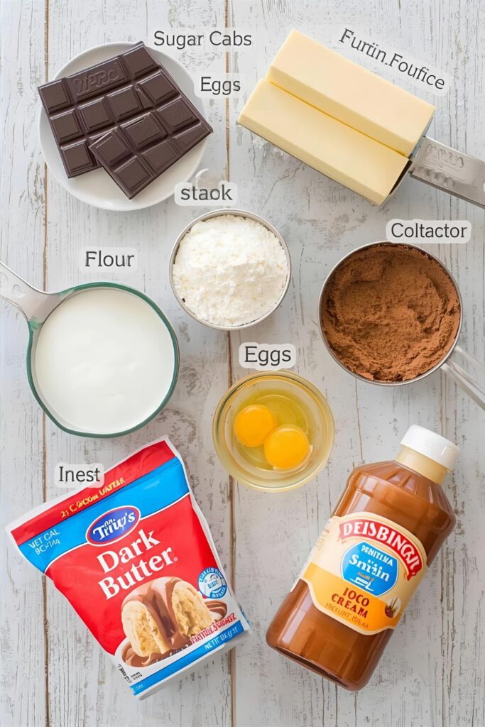 Overhead flat lay collage of all ingredients for Deconstructed Brownie: butter, dark chocolate, sugar, eggs, flour, cocoa, and a pint of vanilla ice cream.