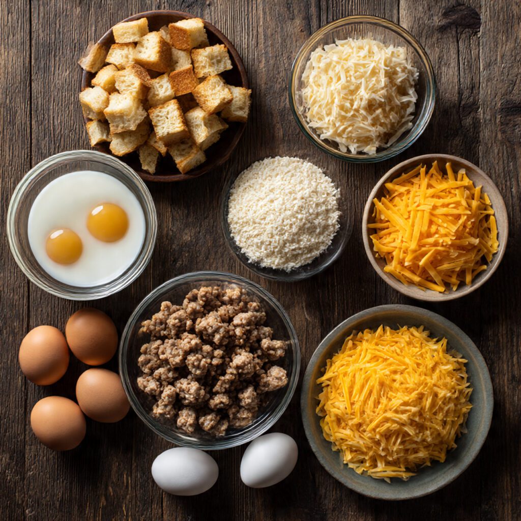 A high-quality collage image showing all the simple ingredients: cubed stale bread, cooked sausage, shredded cheese, eggs, and buttermilk, artistically arranged on a wooden counter.