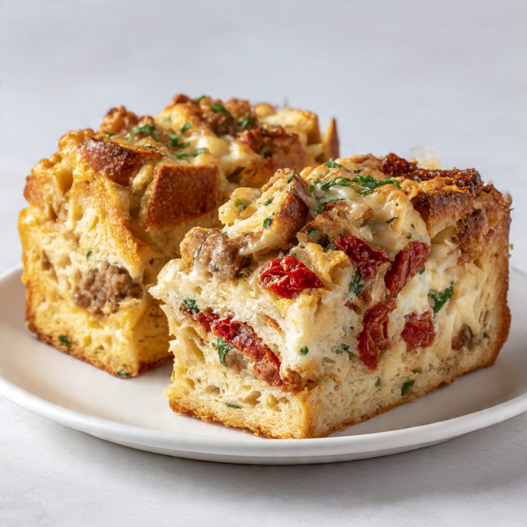A side-by-side photograph showing two different casserole slices: one slice of the classic sausage and cheese strata and one slice of the vegetarian Mediterranean sun-dried tomato strata, highlighting the flavor customization.