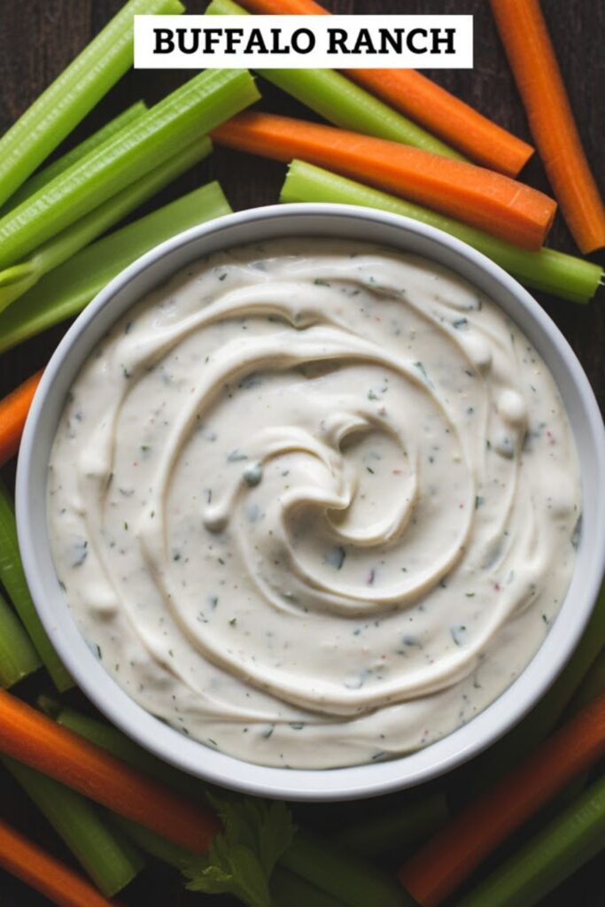 A viral, indulgent, and highly clickable image of thick, creamy Buffalo ranch dip in a white ceramic bowl, surrounded by carrot and celery sticks, with the text overlay "BUFFALO RANCH" in a bold, vibrant font.