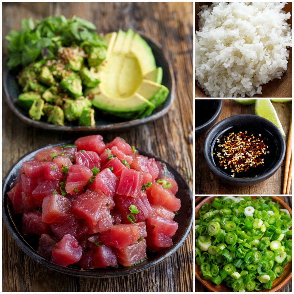 A collage of essential poke ingredients: diced raw tuna, cooked sushi rice, avocado slices, green onions, and small bowls of soy-sesame sauce and spicy mayo.
