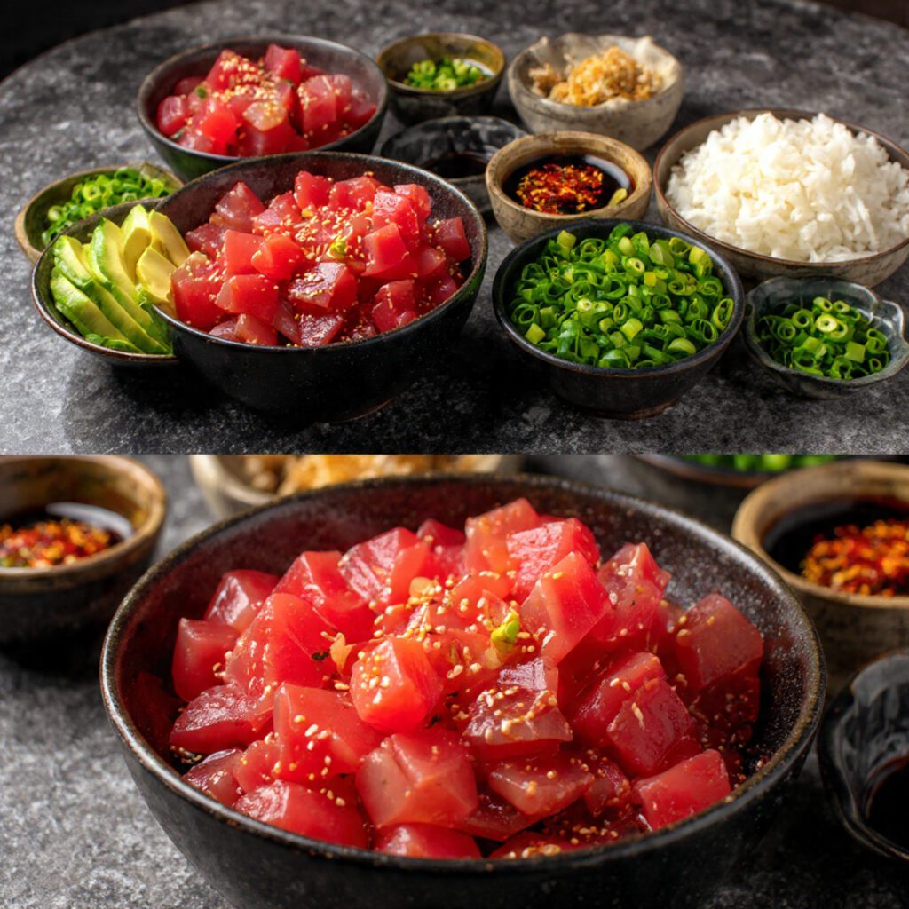 Two variations of assembled poke bowls. One is a wide shot of two completed, layered bowls with different toppings, and the other is an extreme close-up of a single bowl showing the texture of the marinated fish cubes and the glossy sauces.