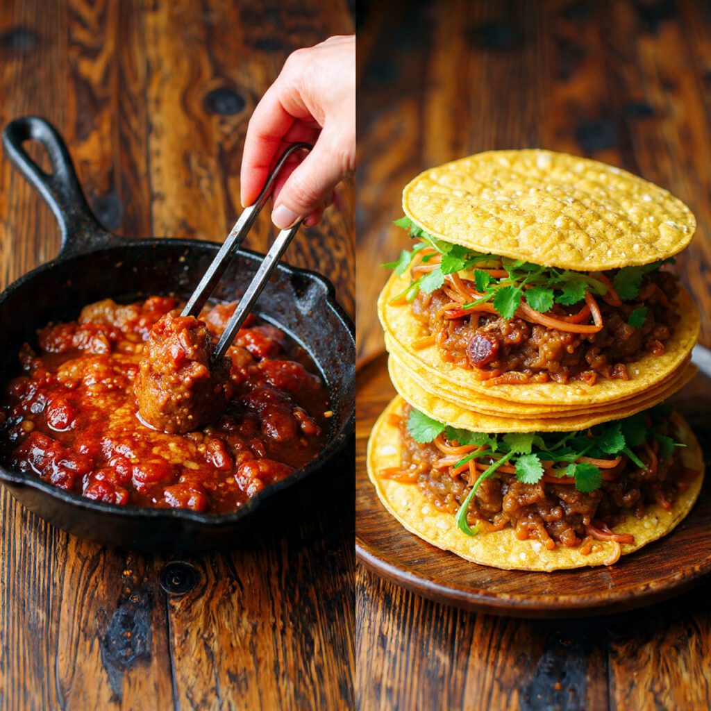 Two views of Bulgogi Tacos: seared bulgogi beef in a skillet and a close-up stack of finished tacos.