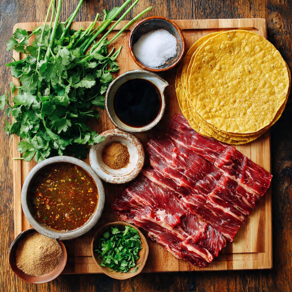 Flat lay collage of raw Bulgogi Tacos ingredients: beef, marinade ingredients, tortillas, and toppings.