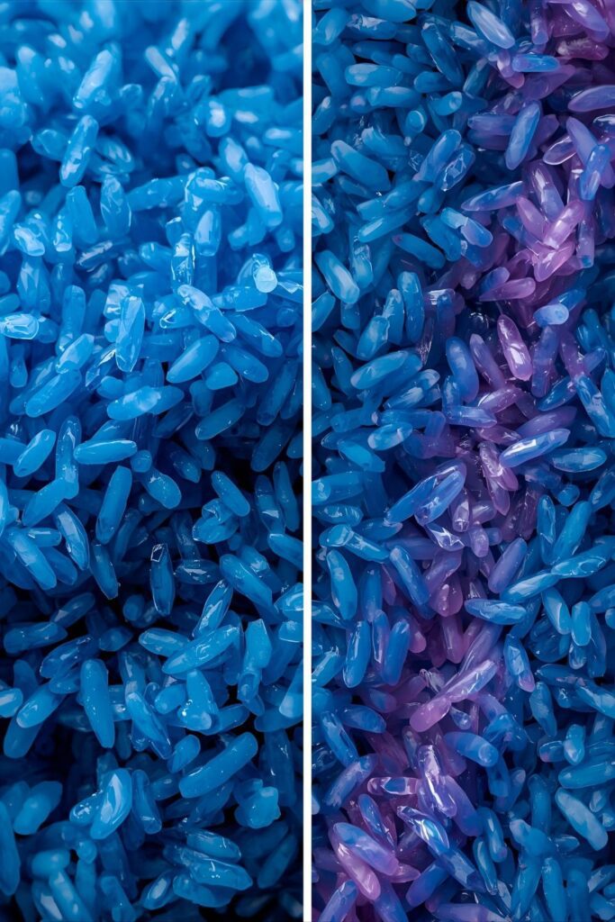 Two separate, styled images: one close-up of blue rice, and one shot showing the pink/purple color change with lime.