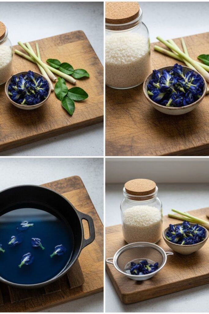 Collage of all ingredients for butterfly pea rice: jasmine rice, dried flowers, lemongrass, and kaffir lime leaves.