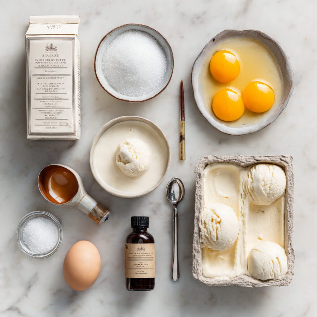 A flat lay collage of all camel milk ice cream ingredients: a carton of camel milk, heavy cream, granulated sugar, egg yolks in a small bowl, a bottle of vanilla extract, and a small pinch of sea salt, all arranged artfully on a marble countertop. (193 characters)
