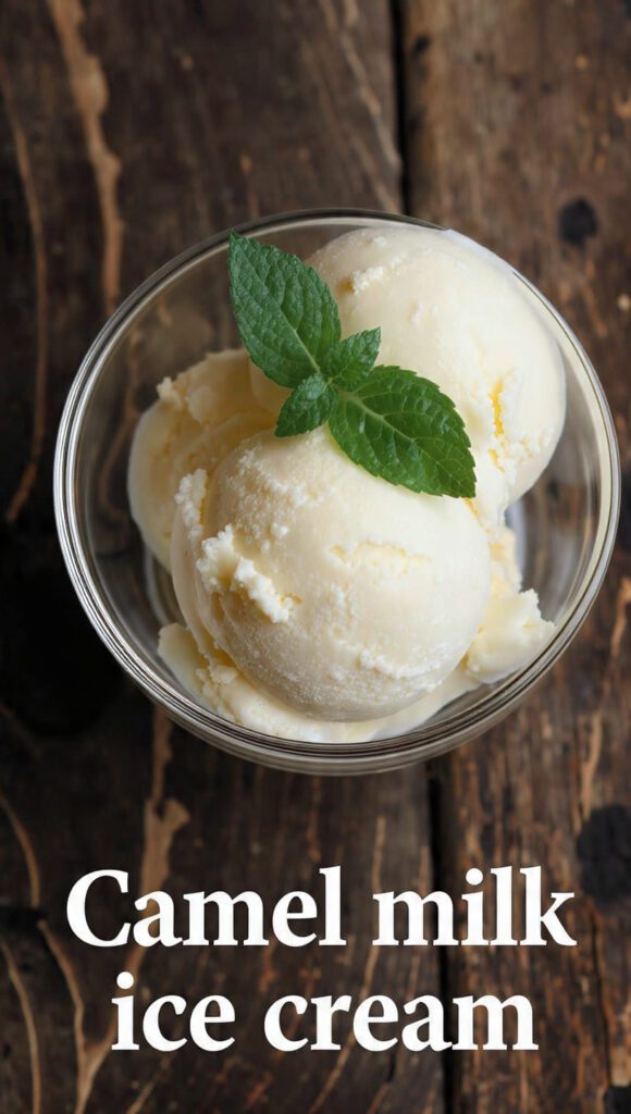 A close-up, high-quality, vibrant photo of two scoops of light ivory-colored homemade camel milk ice cream in a small glass bowl, garnished with a single mint leaf. The background is a rustic wooden surface. Overlay text in a bold, elegant font reads: "Camel milk ice cream"