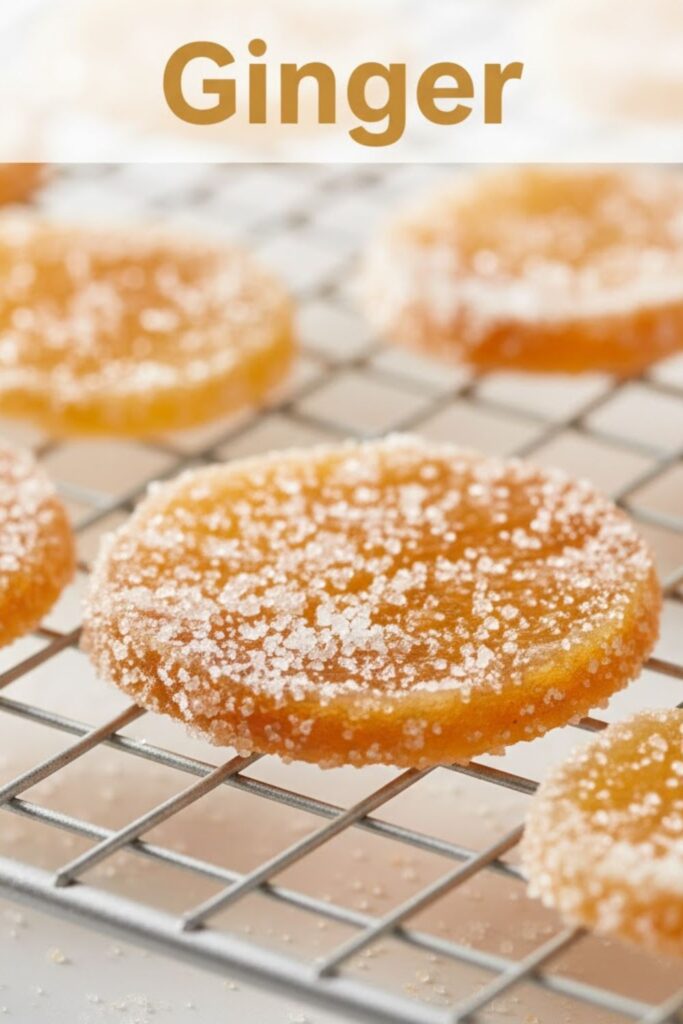 Close-up of glossy, sugar-coated candied ginger slices resting on a cooling rack. Text overlay reads: Ginger