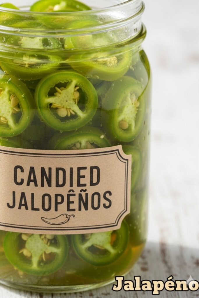 Vibrant green candied jalapeño slices packed in thick, glossy syrup in a mason jar. Text overlay reads: Jalapeño