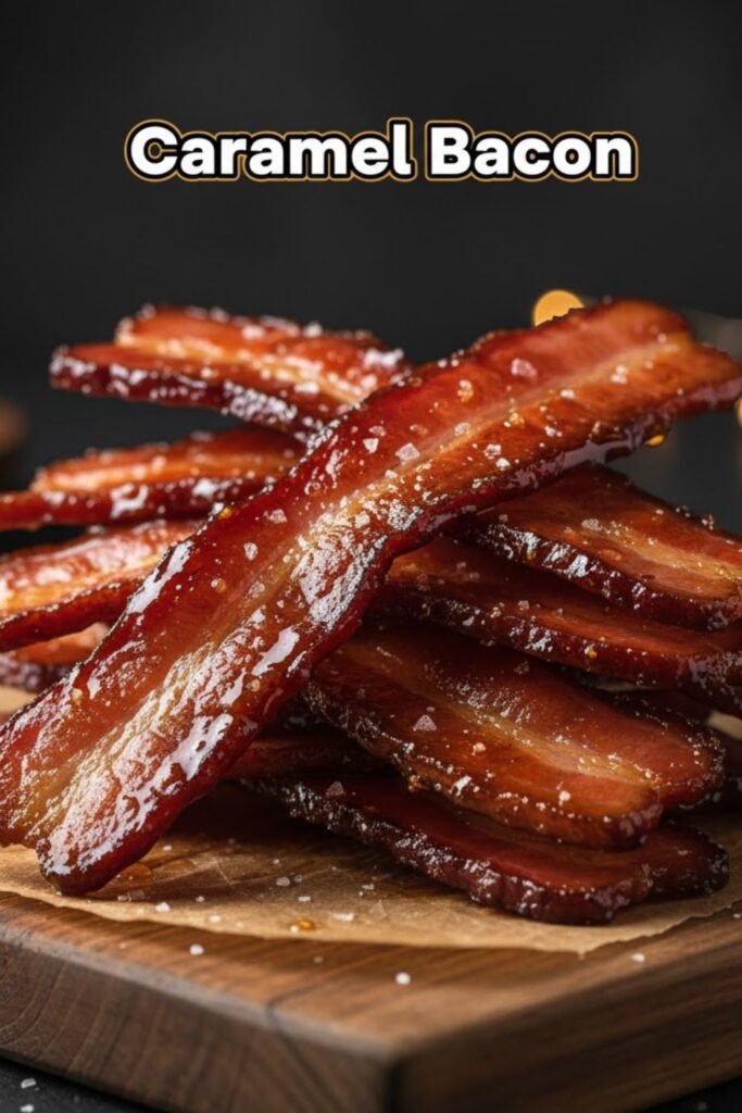 Extreme close-up of a strip of caramelized bacon on a white plate, coated in glossy brown sugar glaze, with a viral text overlay.