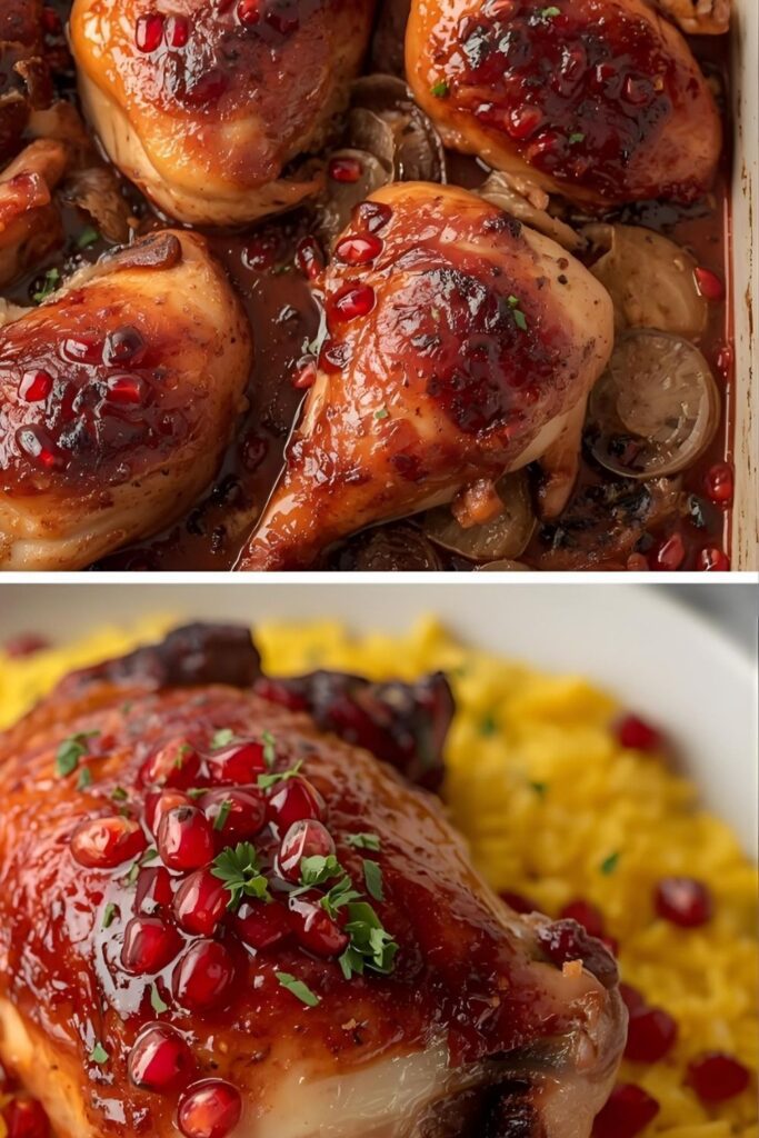 Close-up of a chicken thigh coated in a thick, sticky pomegranate glaze, served over saffron rice