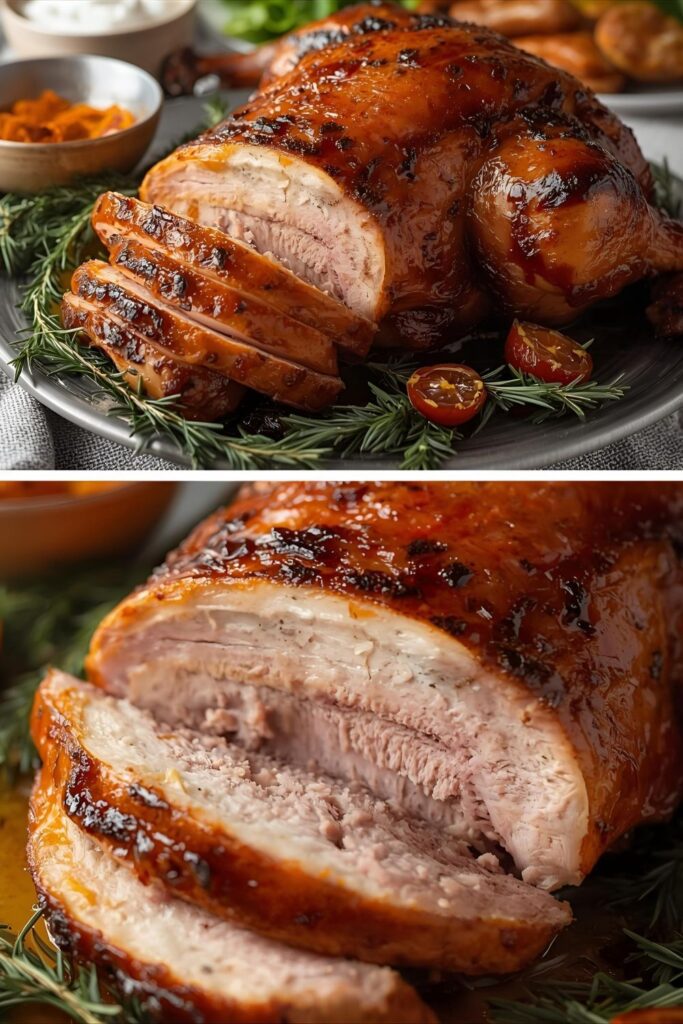 Close-up of slices of perfectly cooked Orange Rosemary Duck breast on a platter, showing the crispy brown skin and pink, medium-done meat.