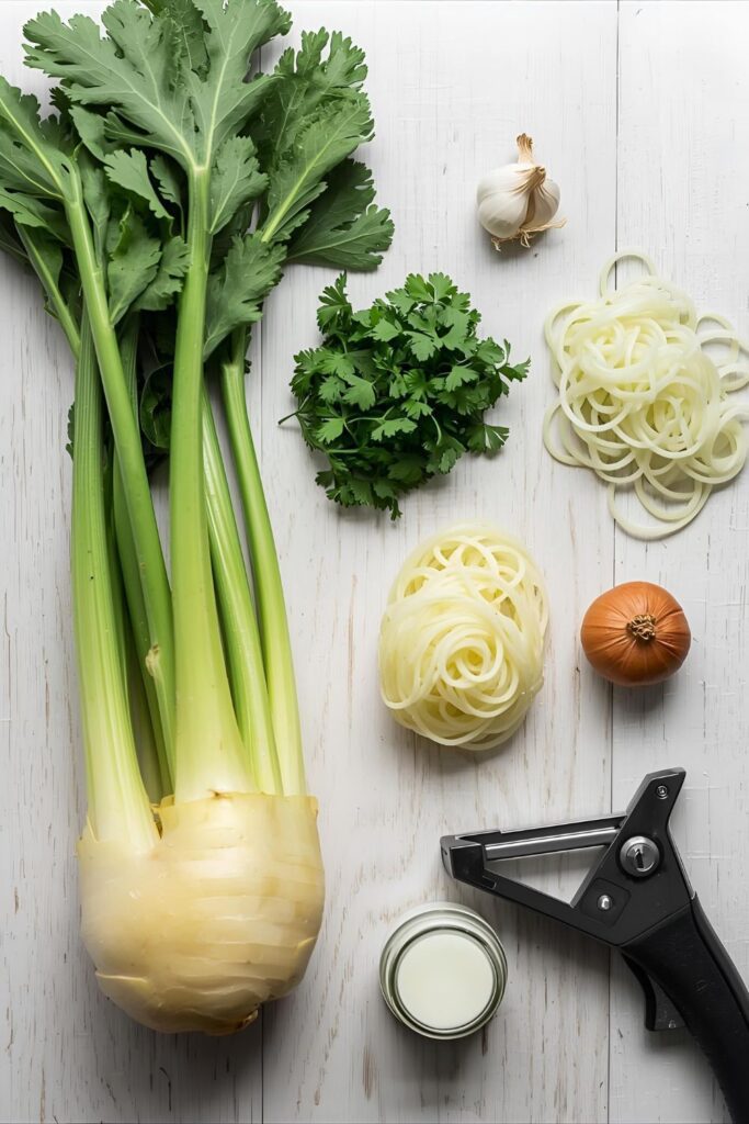 A flat-lay collage of all the fresh ingredients for the celery root noodles recipe: a whole, unpeeled celery root next to its peeled white interior, fresh parsley, a clove of garlic, a shallot, a small bottle of cream, and a spiralizer on a light wood background.