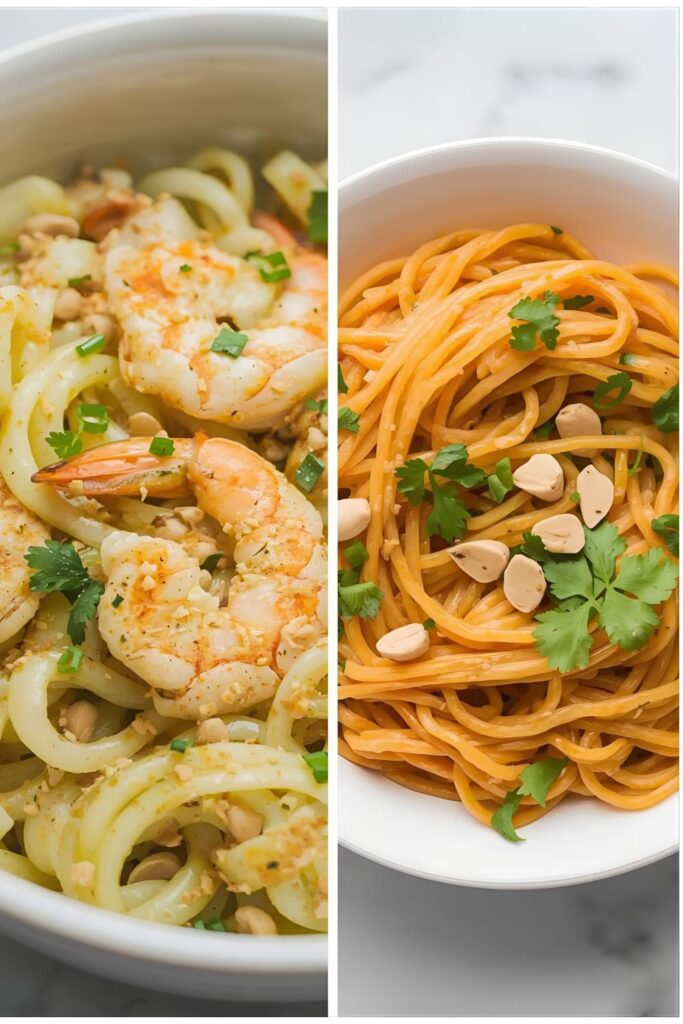 A side-by-side photograph showing two distinct bowls of celery root noodles. On the left, a close-up shot of Keto Garlic Butter Shrimp and Celeriac Noodles; on the right, a vibrant bowl of Spicy Peanut Thai Celery Root Noodles garnished with peanuts and cilantro.