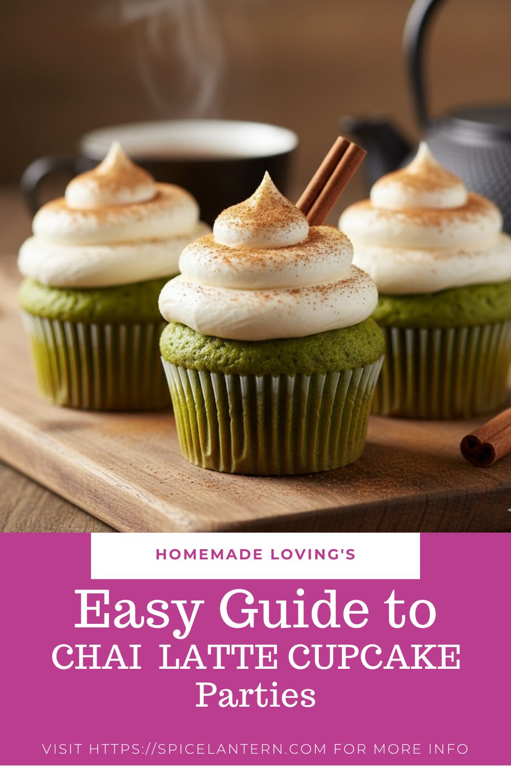 Three fluffy Chai Latte Cupcakes topped with swirled cream cheese frosting and a cinnamon stick garnish.