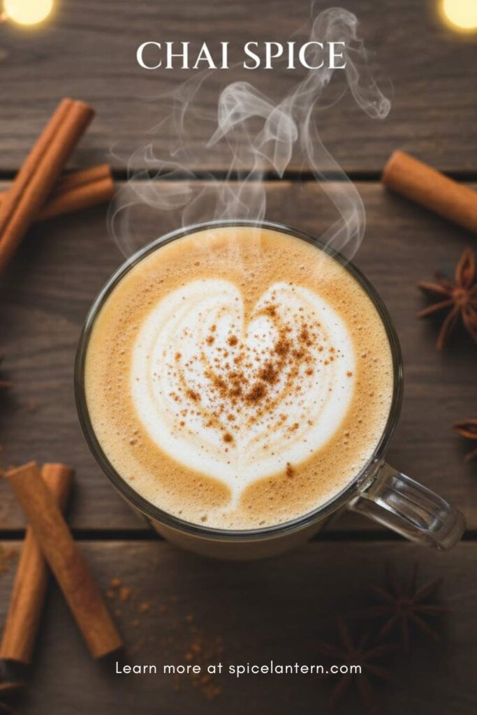 A viral, indulgent, and highly clickable image of a creamy chai latte in a clear glass mug on a rustic wooden table, with the text overlay "CHAI SPICE" in a bold, modern font.