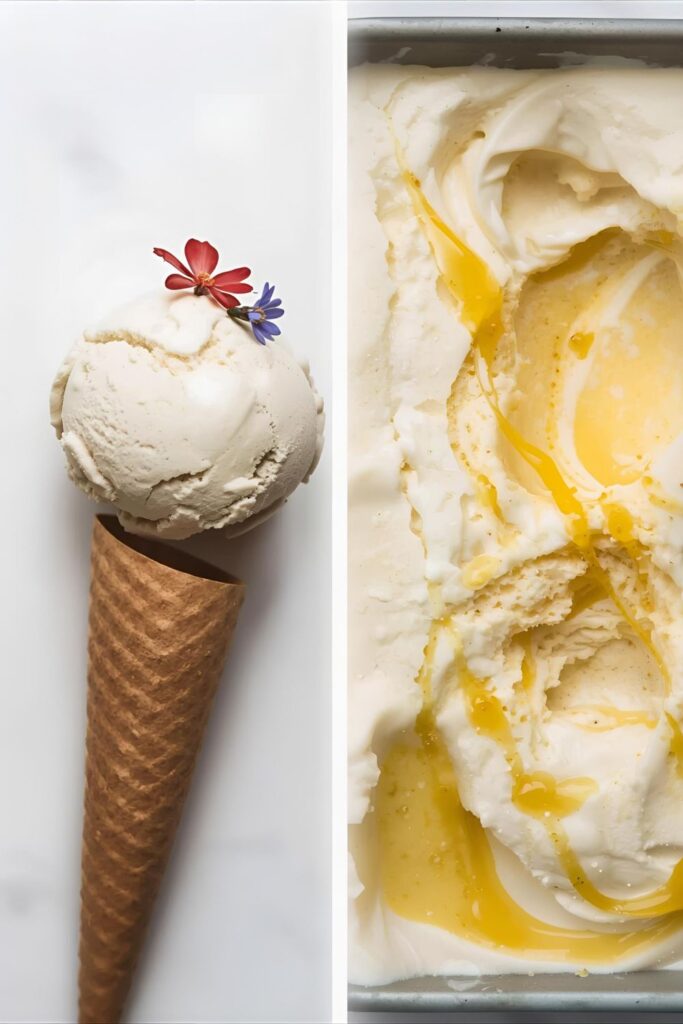 A side-by-side photograph showing two ice cream scoops: On the left, the classic Chamomile Ice Cream with a simple flower garnish; on the right, the Lemon-Chamomile Swirl Ice Cream with ribbons of bright yellow lemon curd visible.
