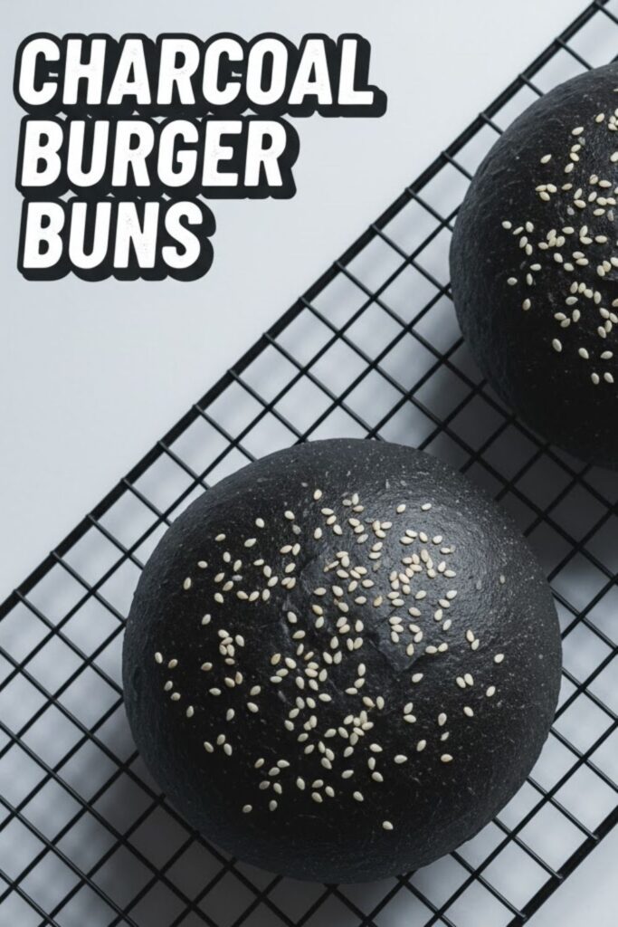 A close-up, overhead photo of perfectly baked, dark black charcoal burger buns sprinkled with sesame seeds, featuring the bold text overlay: CHARCOAL BURGER BUNS.