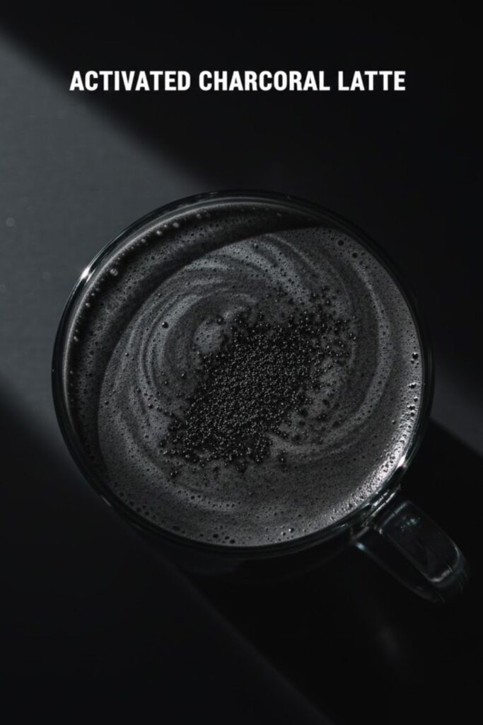 A close-up, vibrant overhead photo of a hot activated charcoal latte in a mug with velvety foam and a sprinkle of powder, featuring the bold text overlay: ACTIVATED CHARCOAL LATTE.