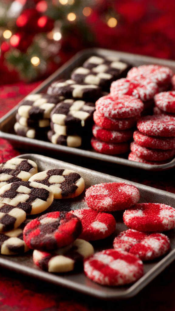 A side-by-side photograph showing two different cookie trays: one with the classic vanilla/chocolate checkerboard cookies and one with the festive red/white peppermint checkerboard cookies, highlighting the flavor customizations.