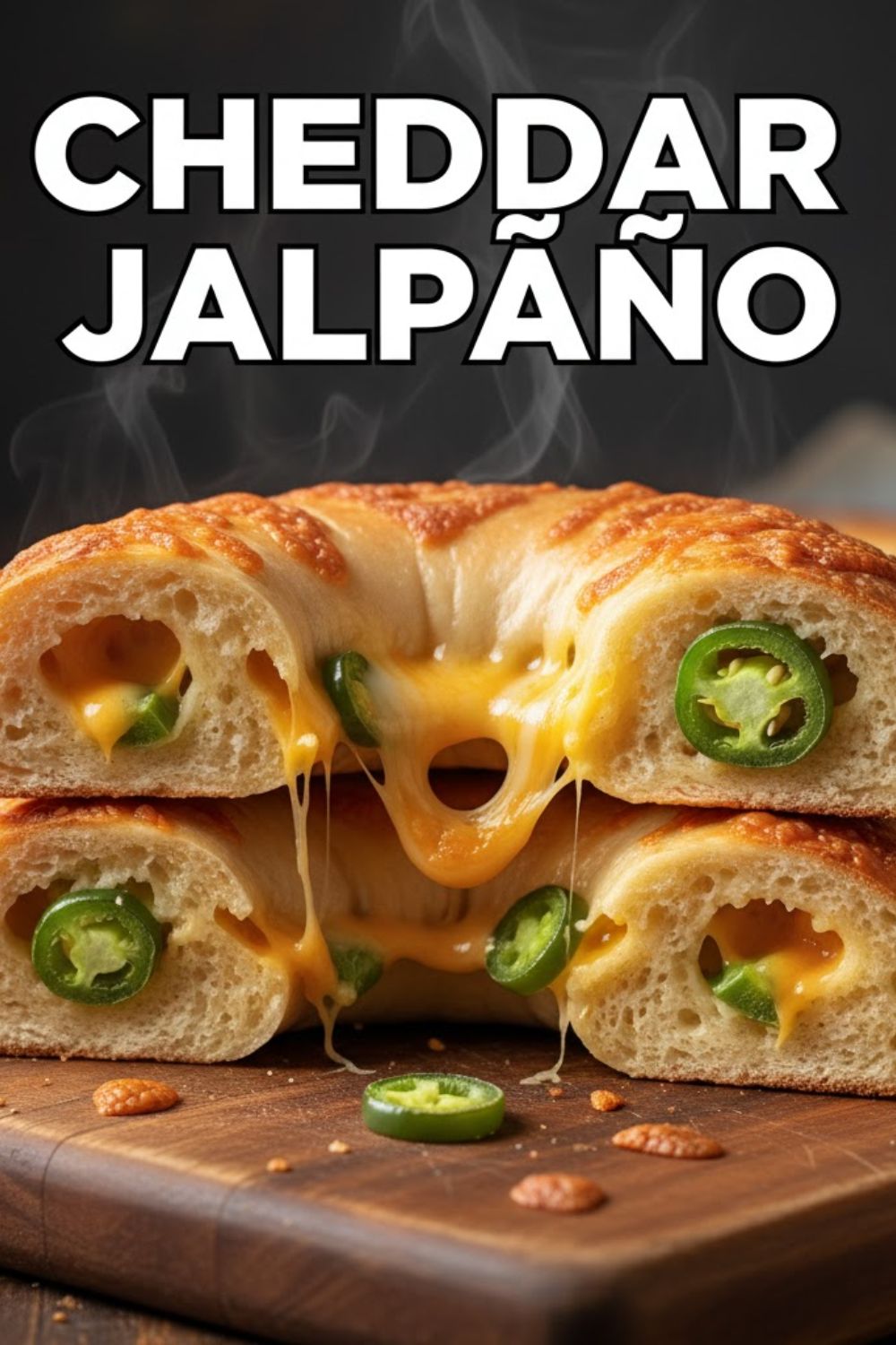 A viral, indulgent, and highly clickable image of a warm, freshly baked Cheddar Jalapeño bagel sliced open, showcasing the melted cheese and diced jalapeños, with the text overlay "CHEDDAR JALAPEÑO" in a bold, appetizing font.