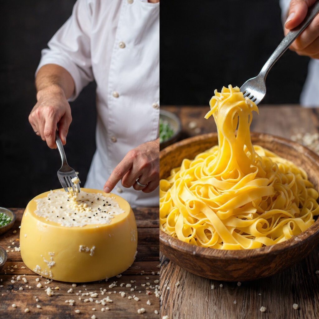 Two views of Cheese Wheel Pasta: hands scraping a cheese wheel, and a close-up of a fork twirling finished creamy pasta.