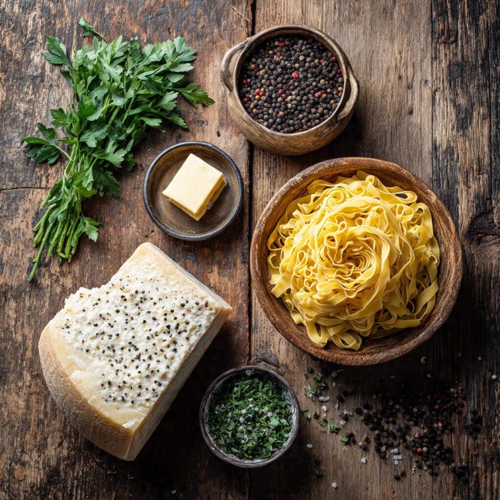 Flat lay collage of Cheese Wheel Pasta raw ingredients: Parmesan wheel, fresh pasta, butter, black peppercorns, and parsley.