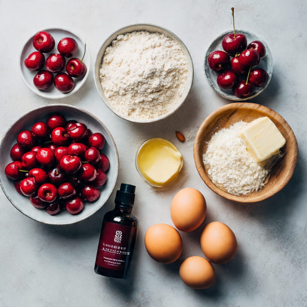 A high-quality collage image showing all the simple ingredients: fresh red cherries, almond extract, almond flour, eggs, and butter, artistically arranged on a wooden counter.