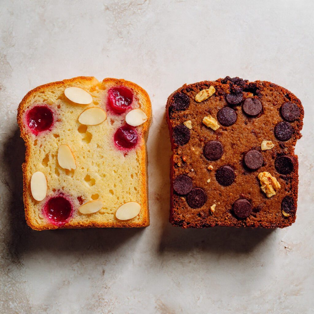 A side-by-side photograph showing two different cake slices: one classic cherry almond slice, and one darker, chocolate chip walnut variant slice, highlighting the flavor customizations.