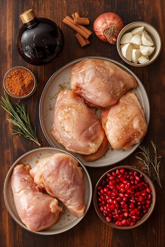Overhead flat lay collage of all ingredients for Pomegranate Chicken: raw chicken pieces, bottle of pomegranate molasses, spices, onions, and fresh pomegranate arils.)