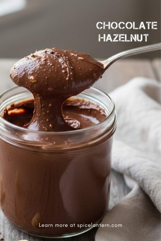 Glass jar of rich, homemade chocolate hazelnut spread with a spoon, and the text overlay "CHOCOLATE HAZELNUT."