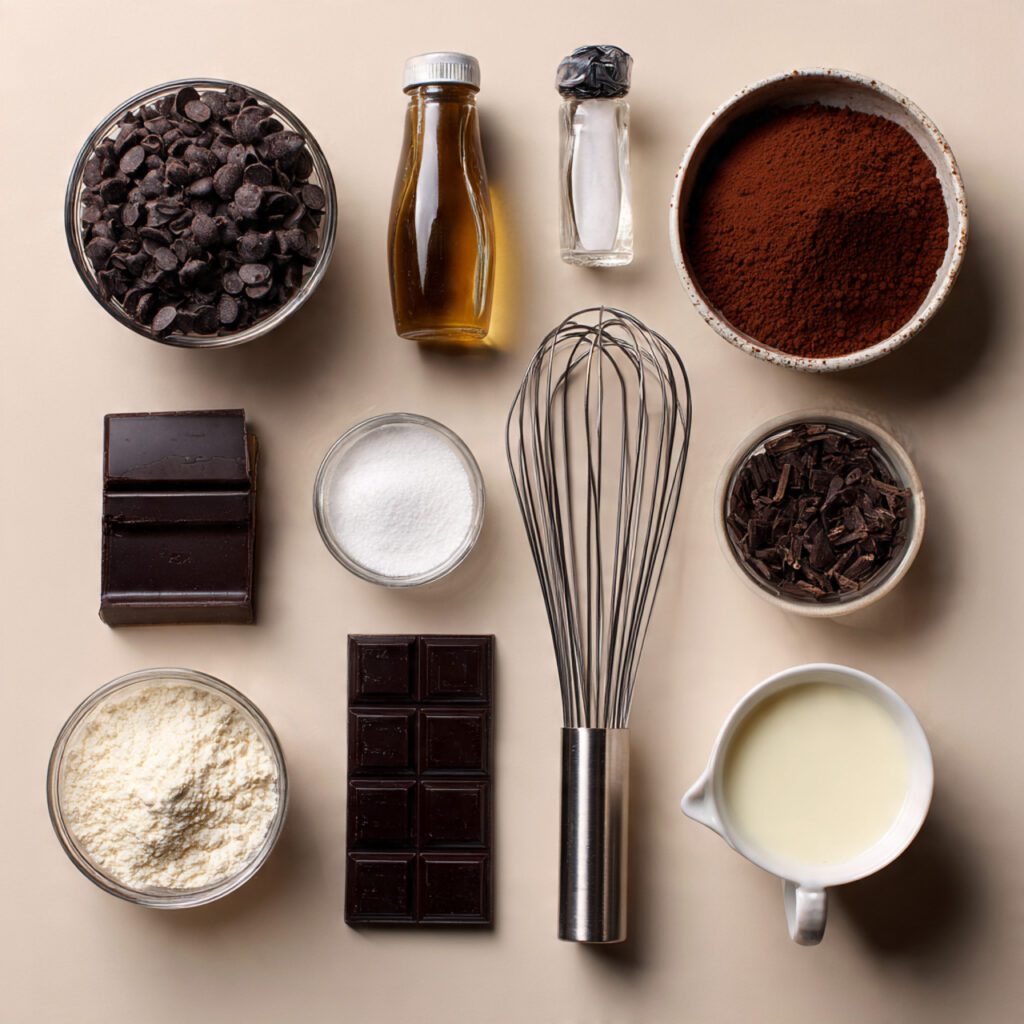 A flat lay collage showing the essential ingredients: dark chocolate chips, heavy cream, cocoa powder, sugar, water, and vanilla extract arranged neatly around a central whisk.