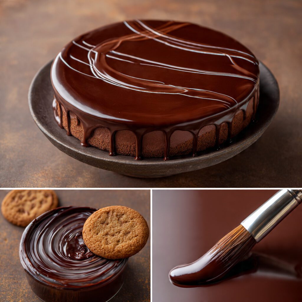 Two variations of chocolate paint application: one is a wide shot of a cake topped with the glossy, smooth chocolate glaze, and the other is an extreme close-up of the chocolate paint used for delicate artistic plating drizzle with a small cookie.
